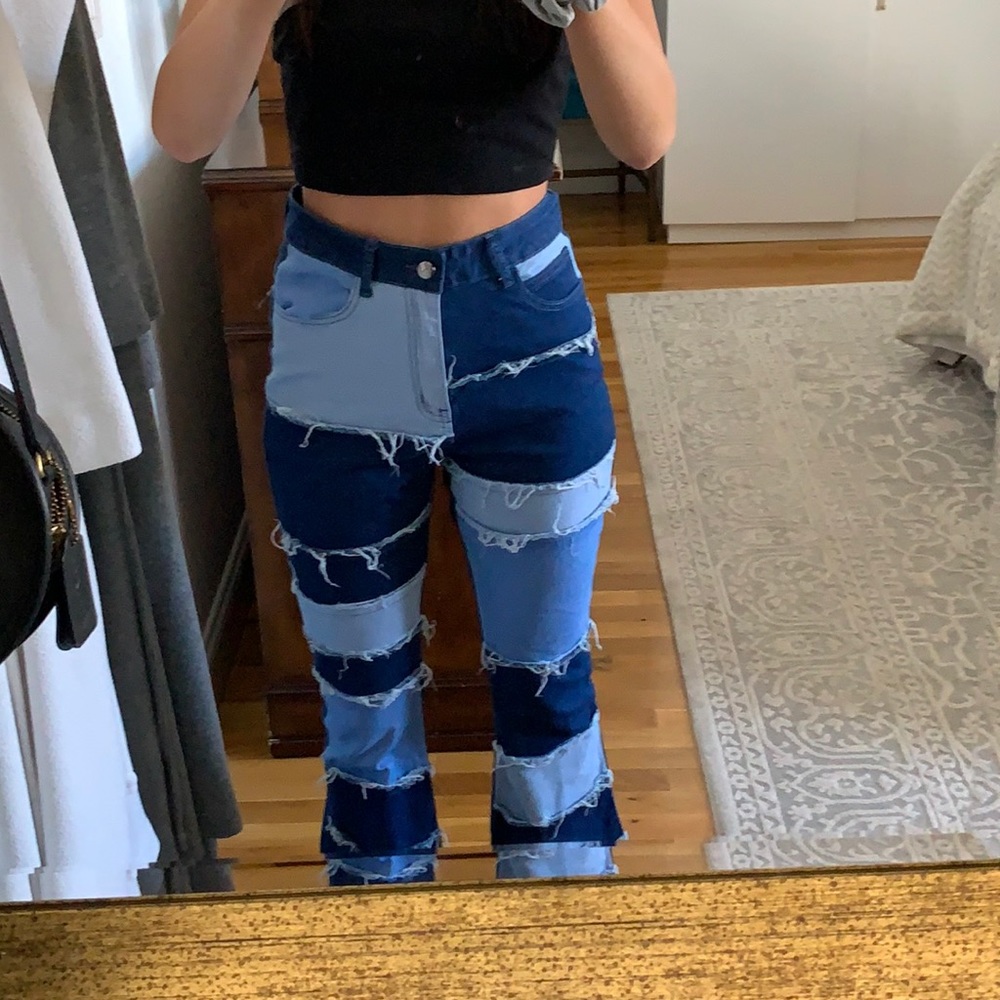 blue patchwork bell bottom jeans.